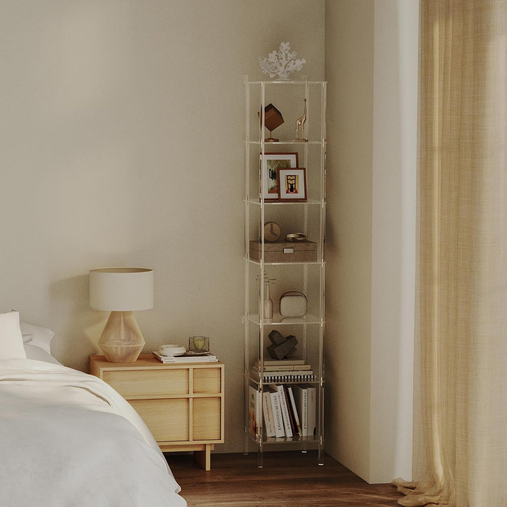 7-Tier Square Acrylic Bookshelf, Clear Tall Narrow Bookcase for Small Space, ...