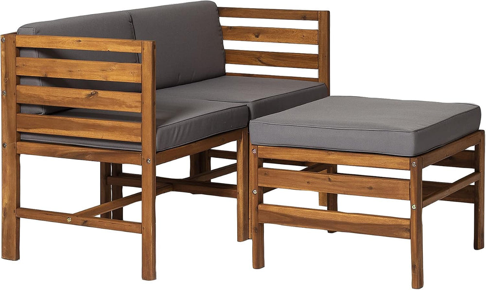 Walker Edison Ravello Contemporary 3 Piece Acacia Wood Outdoor Modular Chat S...