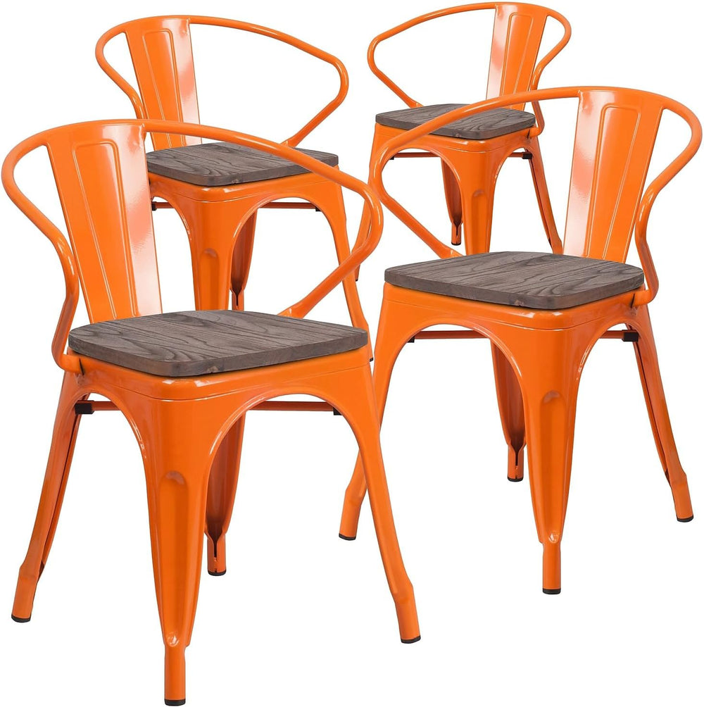 Flash Furniture Metal Chair with Wood Seat, Orange, 4-Pack