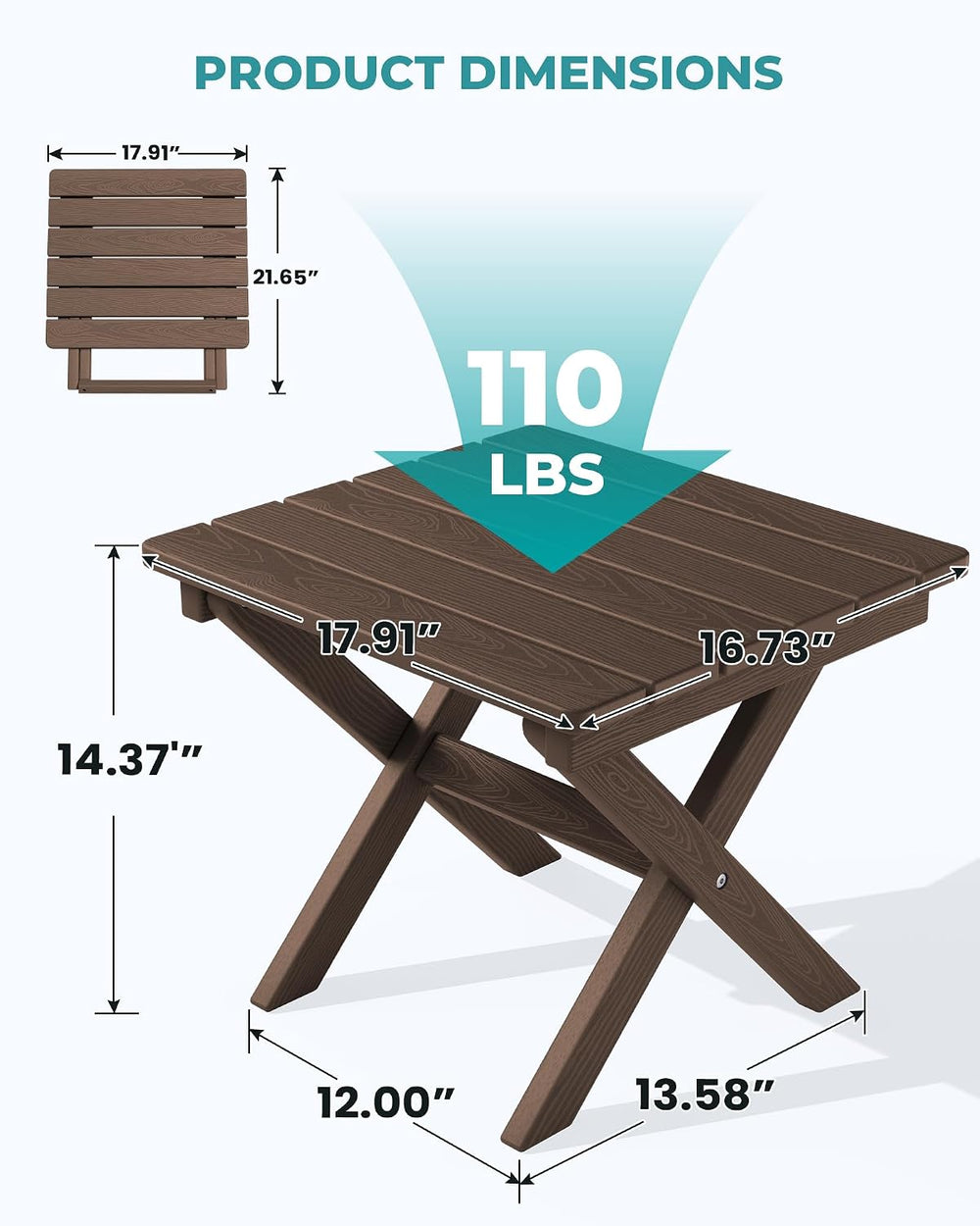 SERWALL Small Folding Side Table, HDPE Outdoor End Table, Coffee