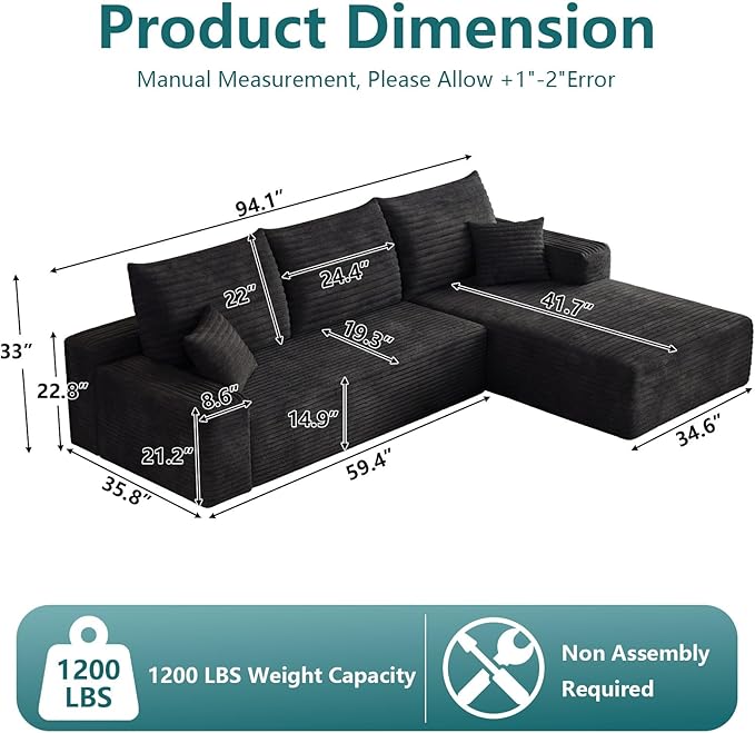 95" Modular Sectional Couch, L Shaped Cloud Sofa with Chaise Lounge, Corduroy Upholstered Couches Memory Foam Deep Seat, No Assembly Required, Ideal for Living Room(Black, Right Facing)