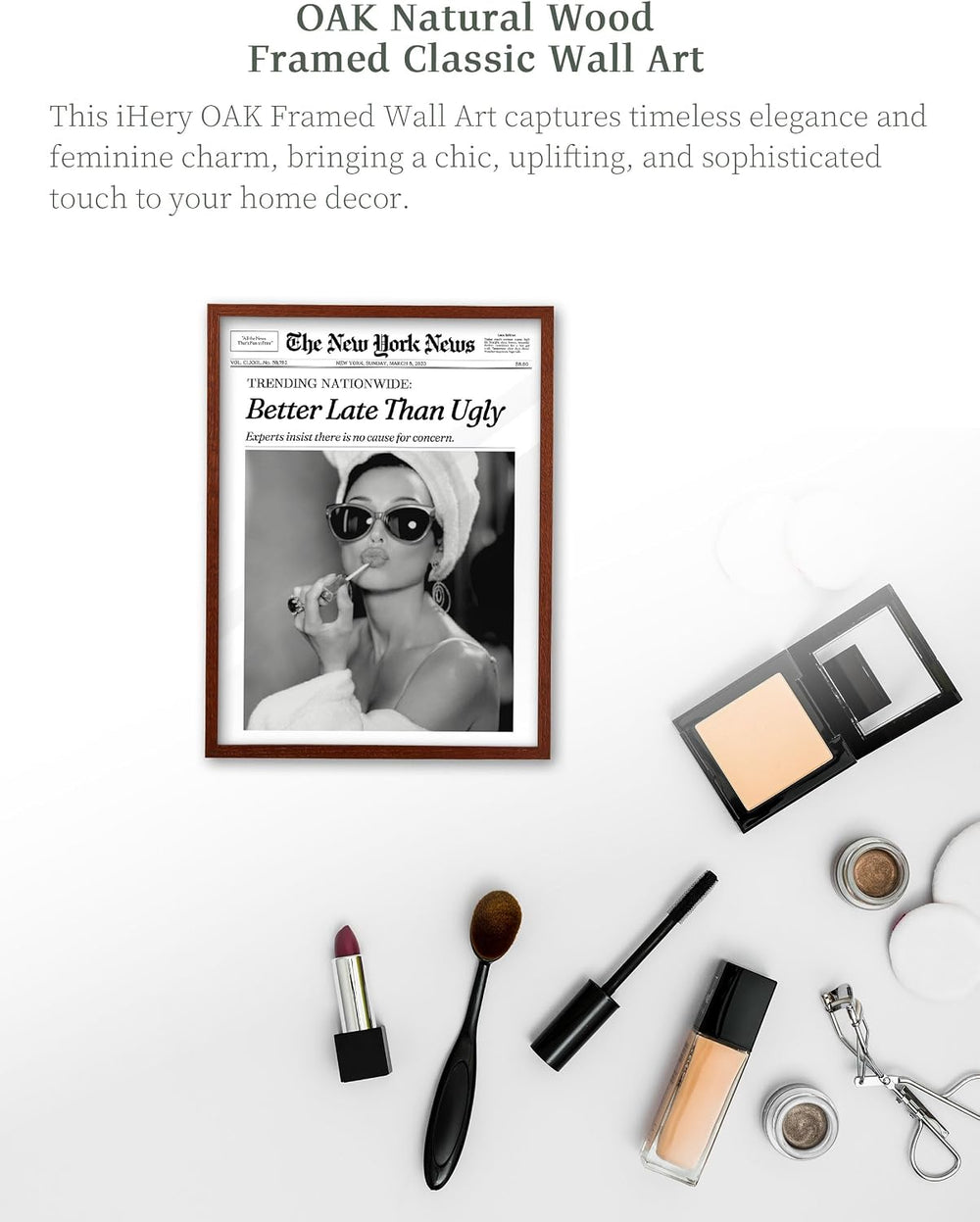 iHery 12x16in Audrey Hepburn Better Late Than Ugly Framed Bathroom Art
