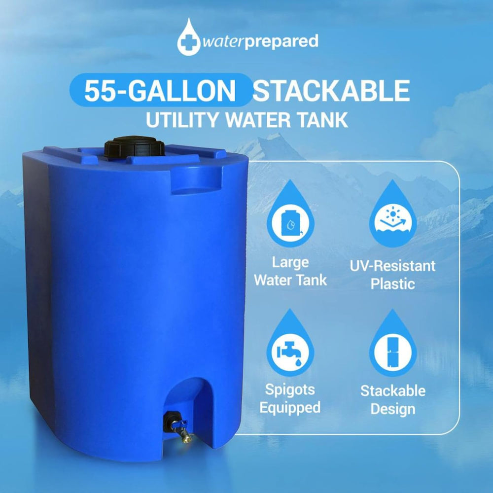 WaterPrepared 55 Gallon Unique Stackable Utility Water Tank, Blue