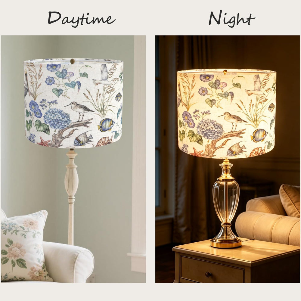 Drum Lampshades, Print Floral Linen Lamp Shade with White Frame