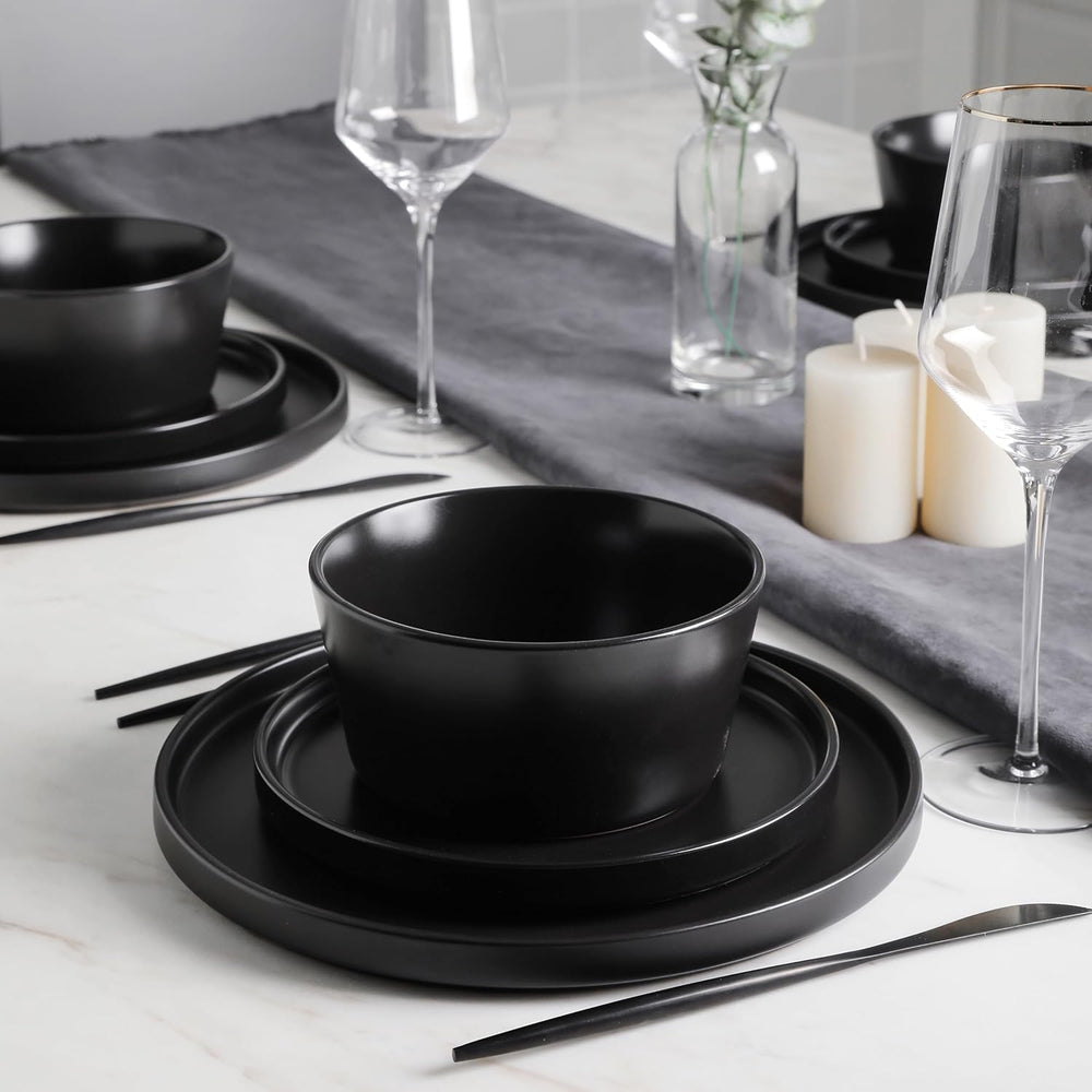 Stone Lain Celina Stoneware 16 Piece Dinnerware Set, Plates and Bowls, Black ...