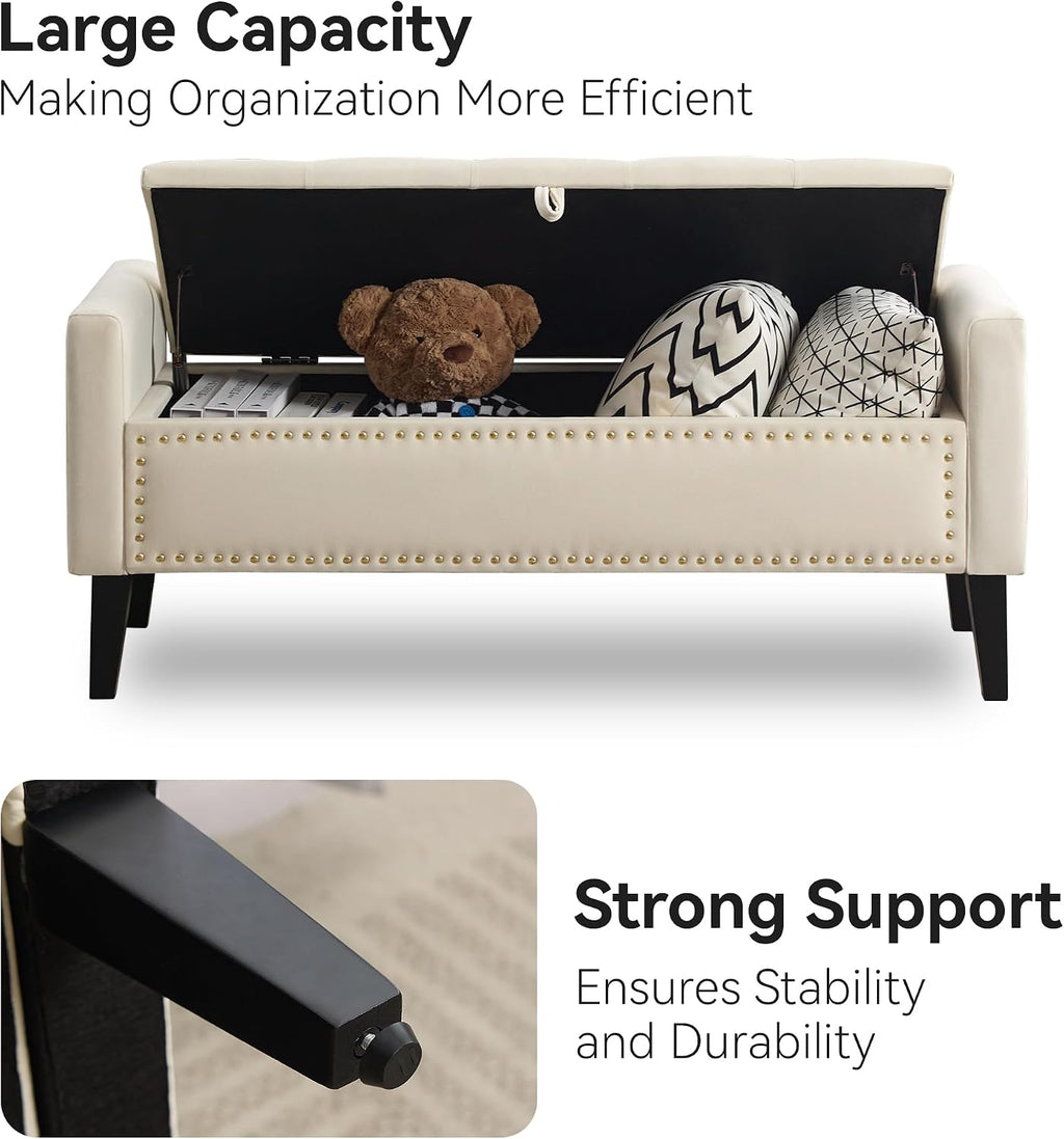 WUTUTUEE 47" Velvet Storage Bench, Upholstered Bed Bench with Storage, End of Bed Ottoman with Wooden Legs,Bedside Storage Bench for Bedroom, Living Room, or Entryway, Beige