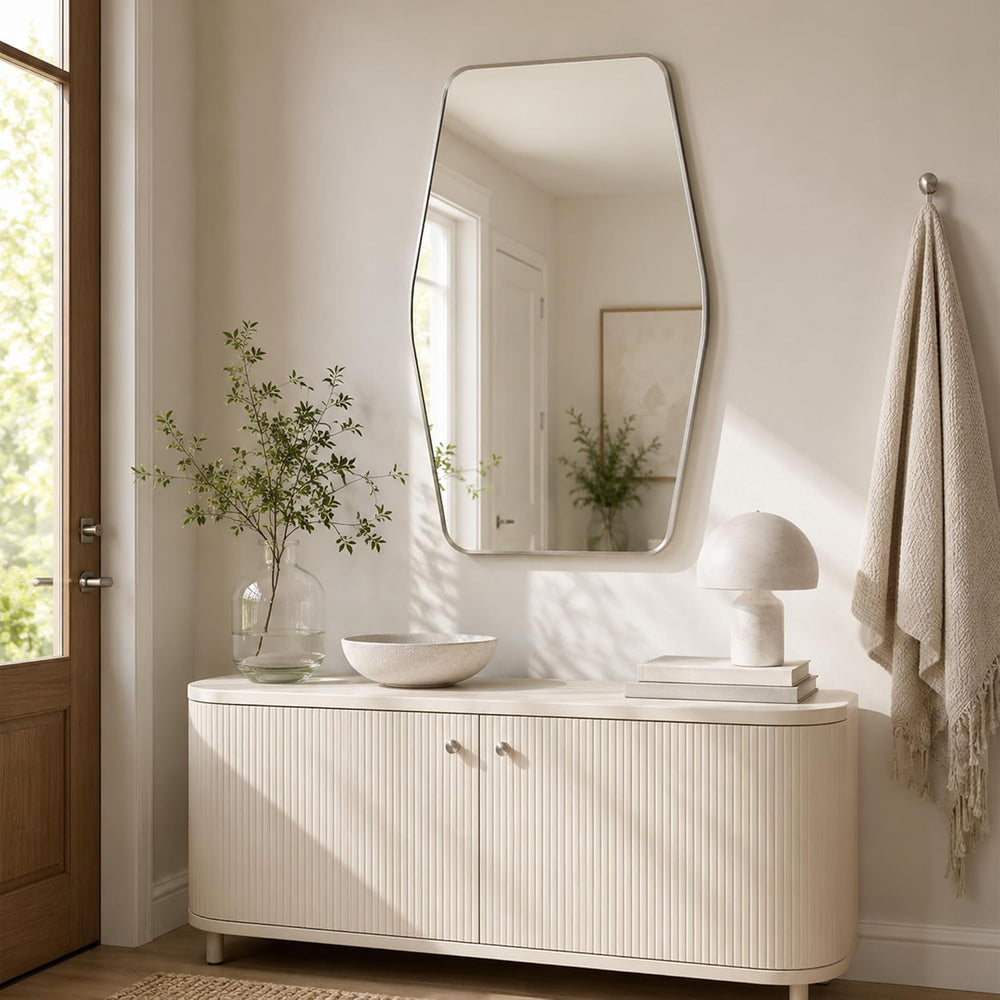 24x36 Inch Brushed Nickel Bathroom Vanity Mirror, Rounded Hexagon