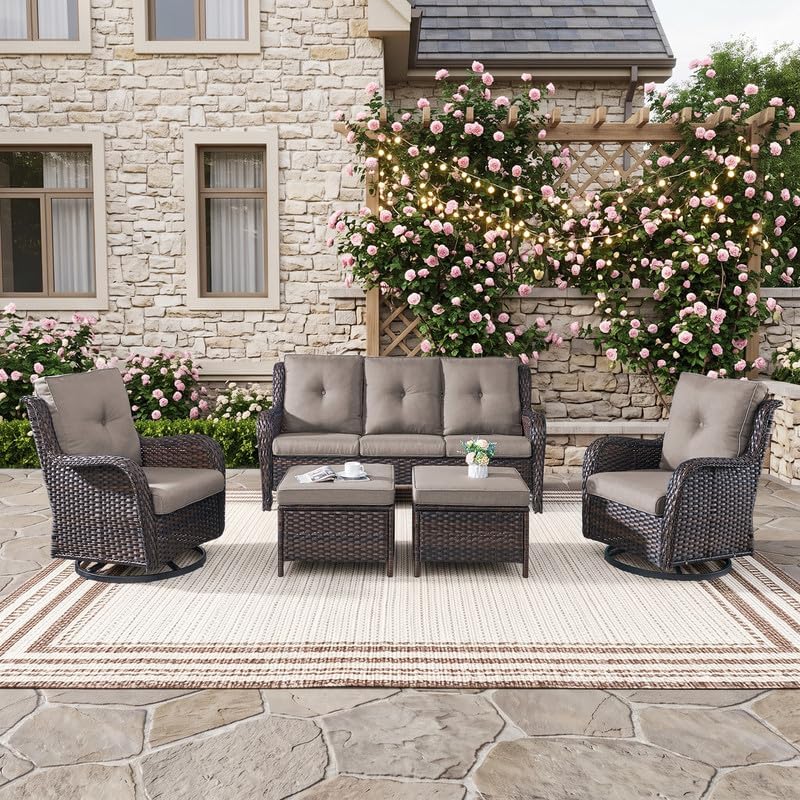 Outdoor Brown Wicker Furniture Set of 5, Wicker Patio Conversation Set Grey