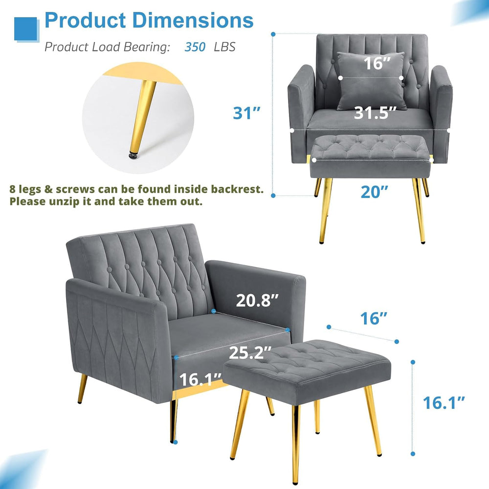 3 Pieces Velvet Sofa Set w/Adjustable Armrest &Backrest,Grey