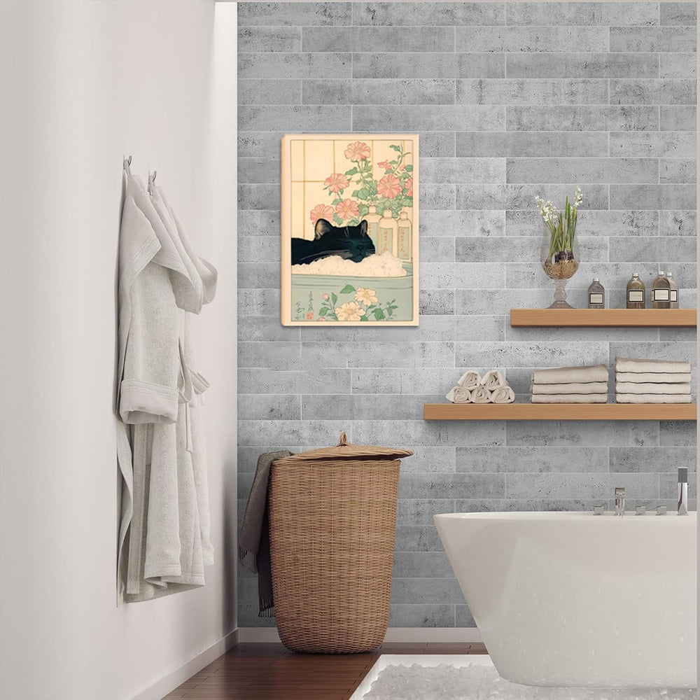 Funny Bathroom Canvas Wall Art Set of 3, Japanese Funny Black Cat Wall Decor ...