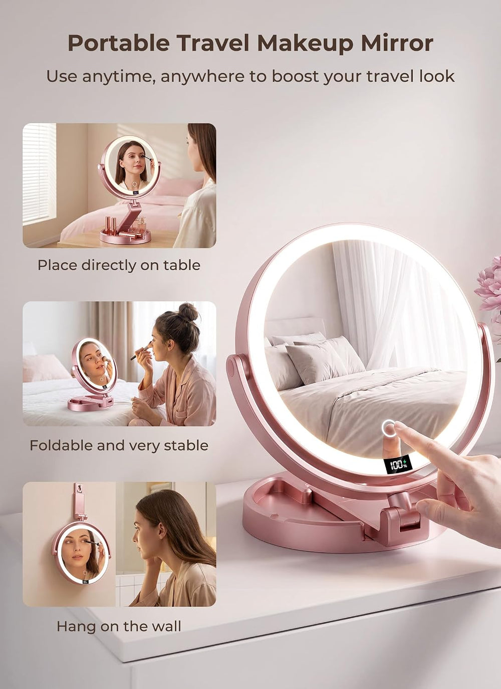 Lighted Travel Makeup Mirror,1X/10X Magnification,3 Light Modes, Rose Gold