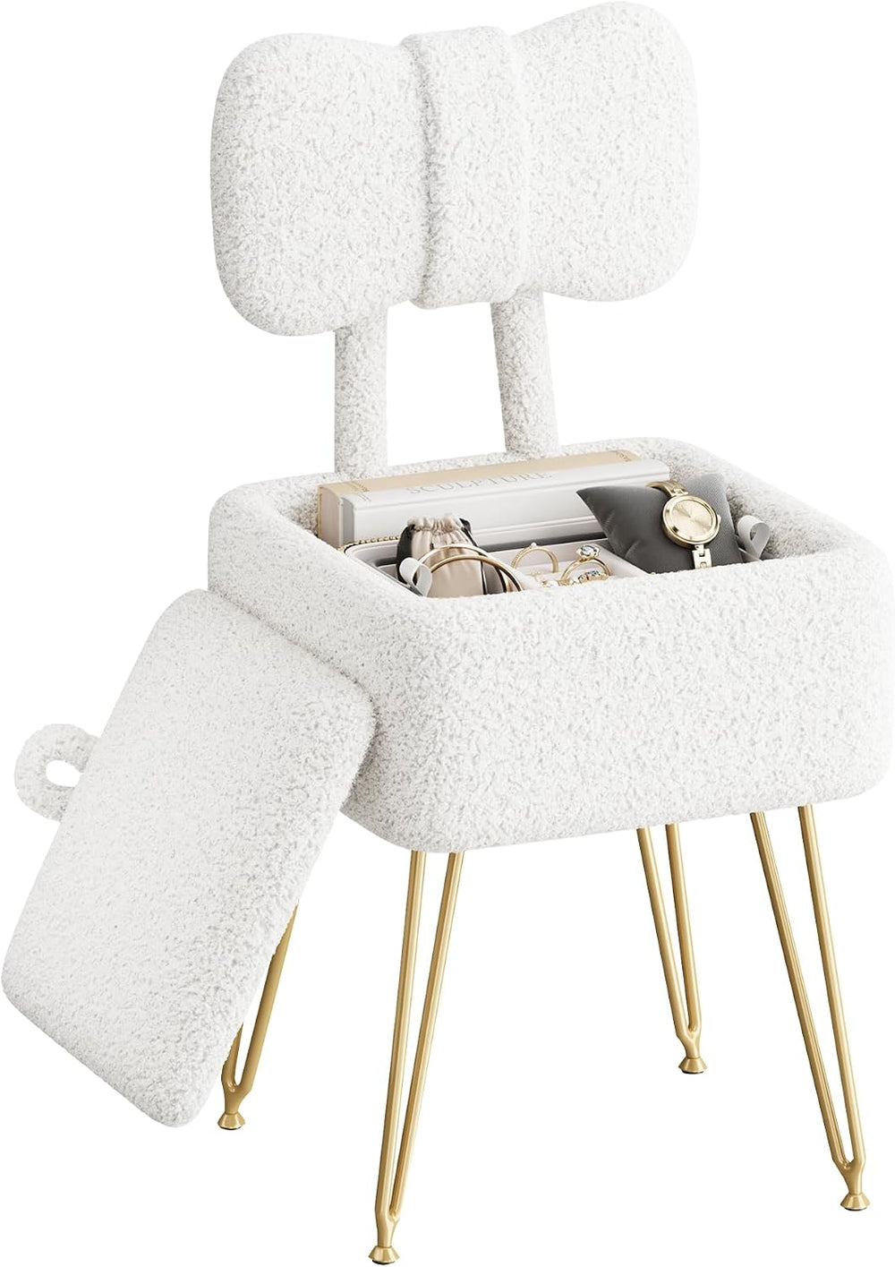 Small Vanity Stool Chair with Storage and Foldable Back, White