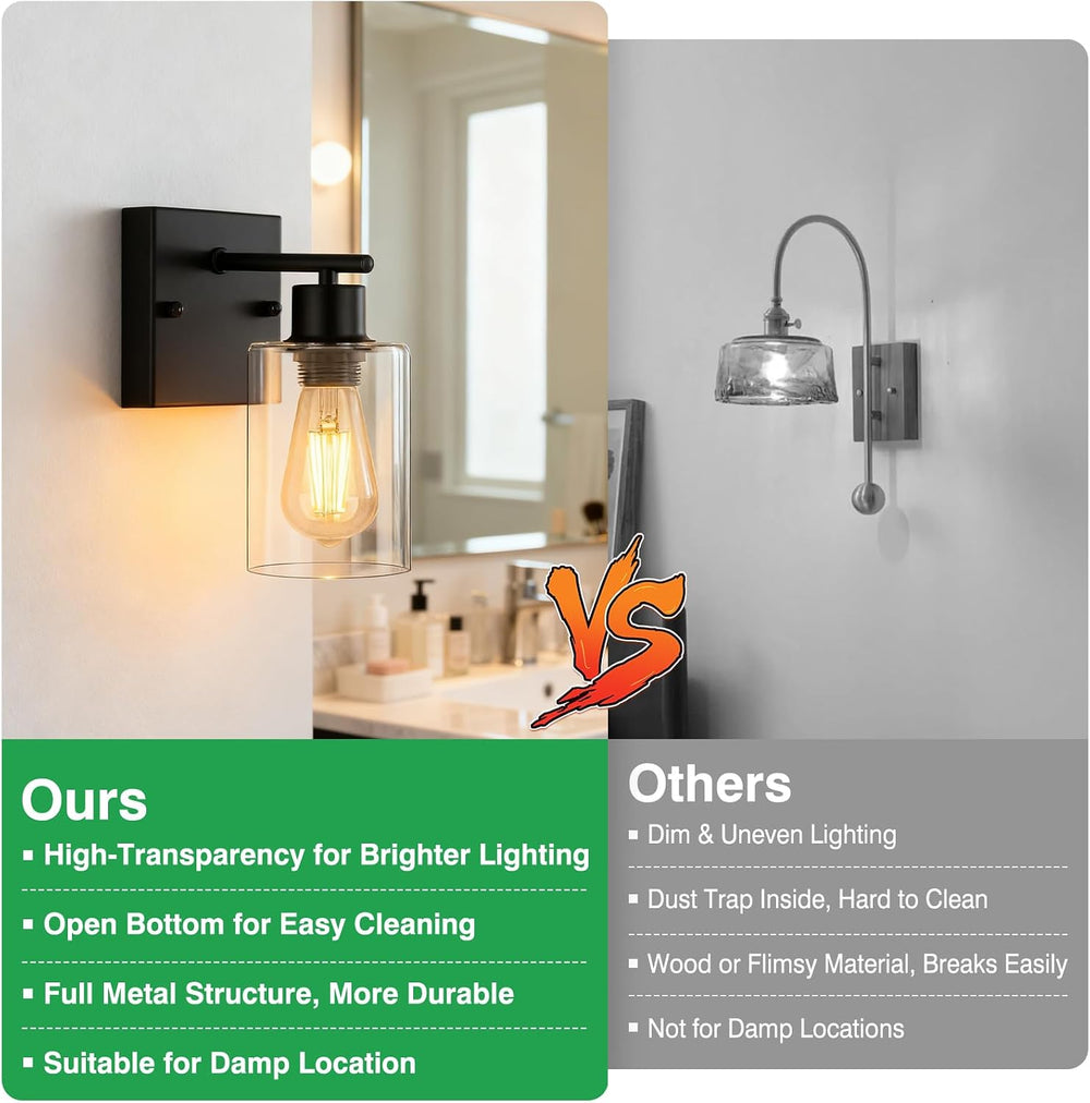 2-Pack Wall Sconces for Bathroom, Matte Black Vanity Lights, Modern Wall Ligh...
