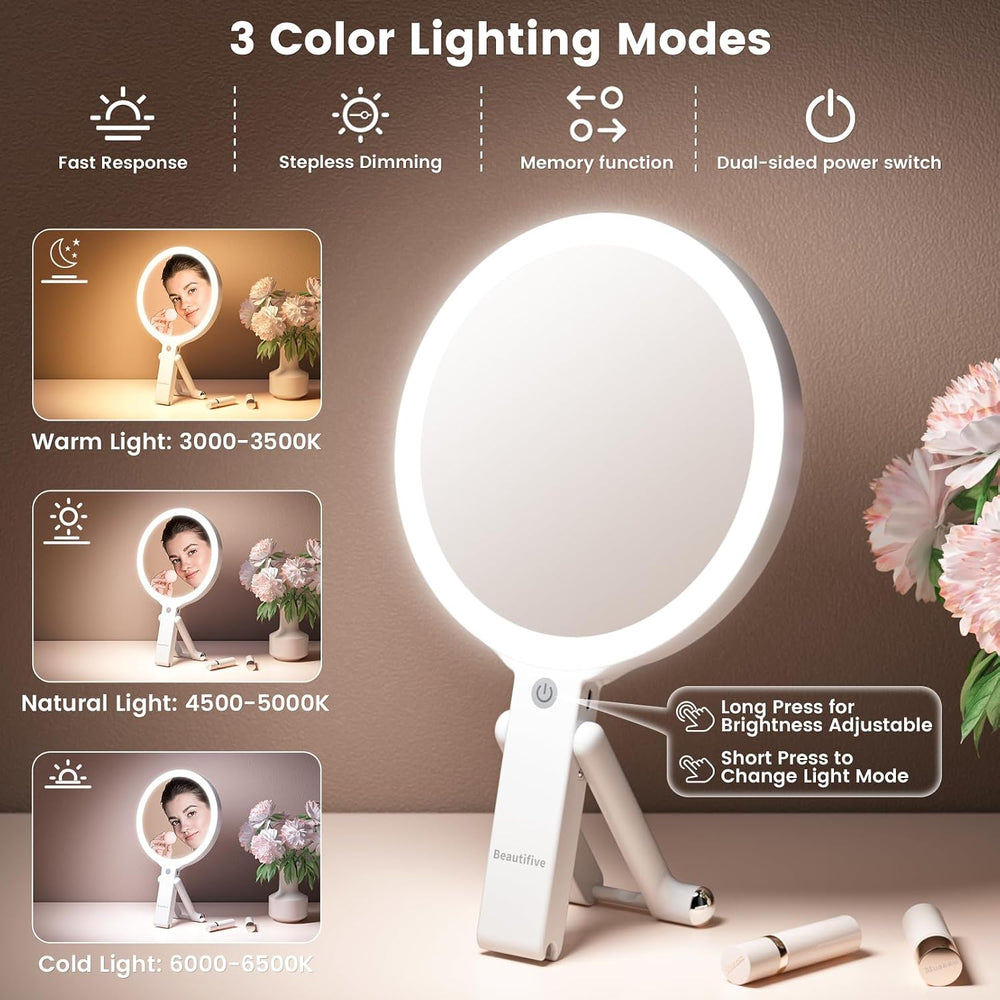 7.5" Large Travel Mirror with Light, Rechargeable 10X/1X Magnifying Mirror