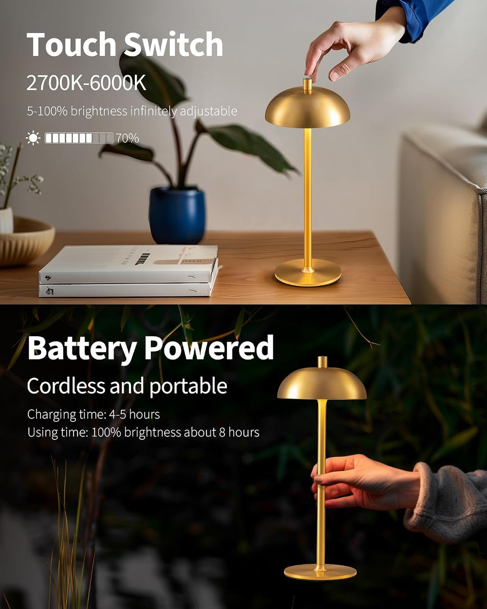 12" Cordless Table Lamps Set of 2, Gold Modern Portable Desk Lamp