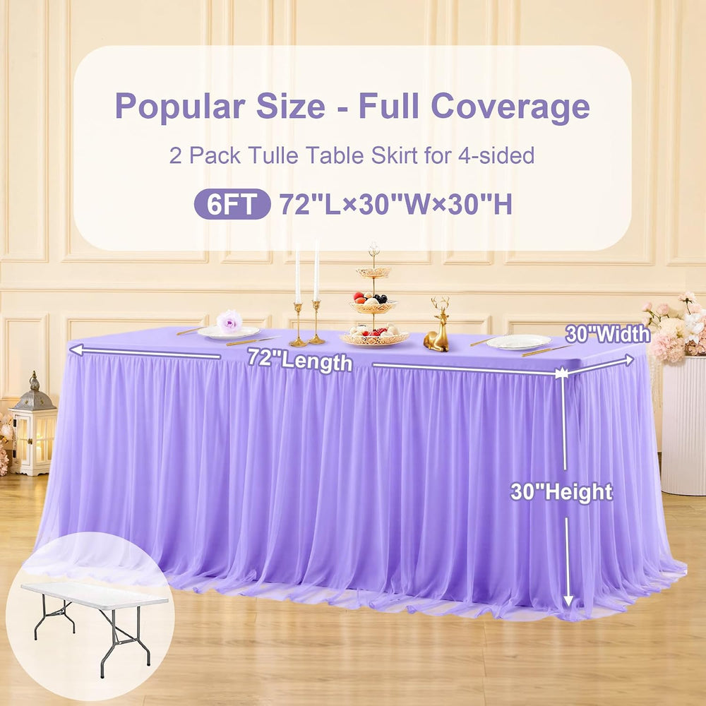 2 Pack Lavender Tablecloth for 6 Foot Rectangle Tables Tulle Table Skirt