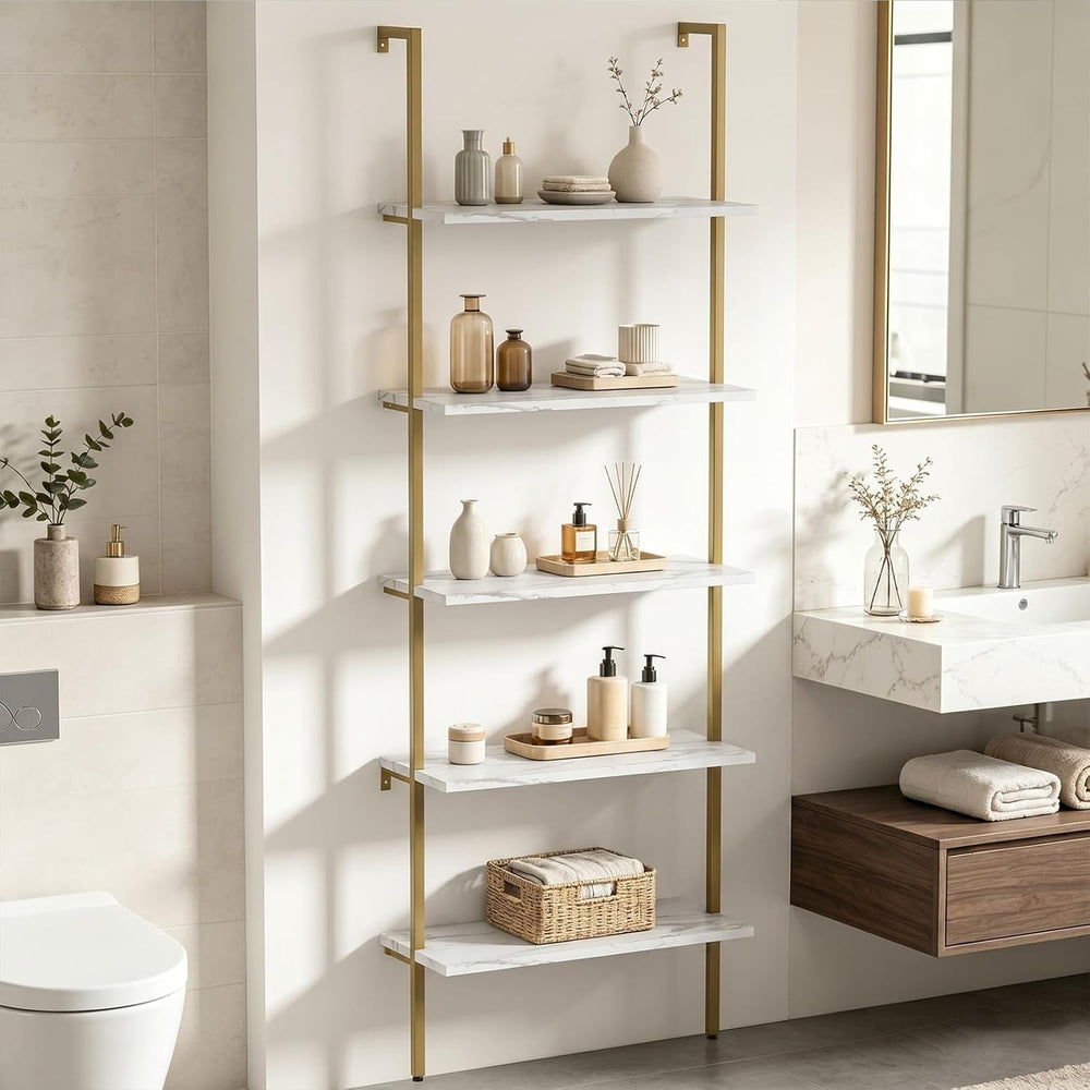aboxoo Ladder Shelf 2PCS White Marble Bookshelf 5-Tier Wall-Mounted Wood Rack...