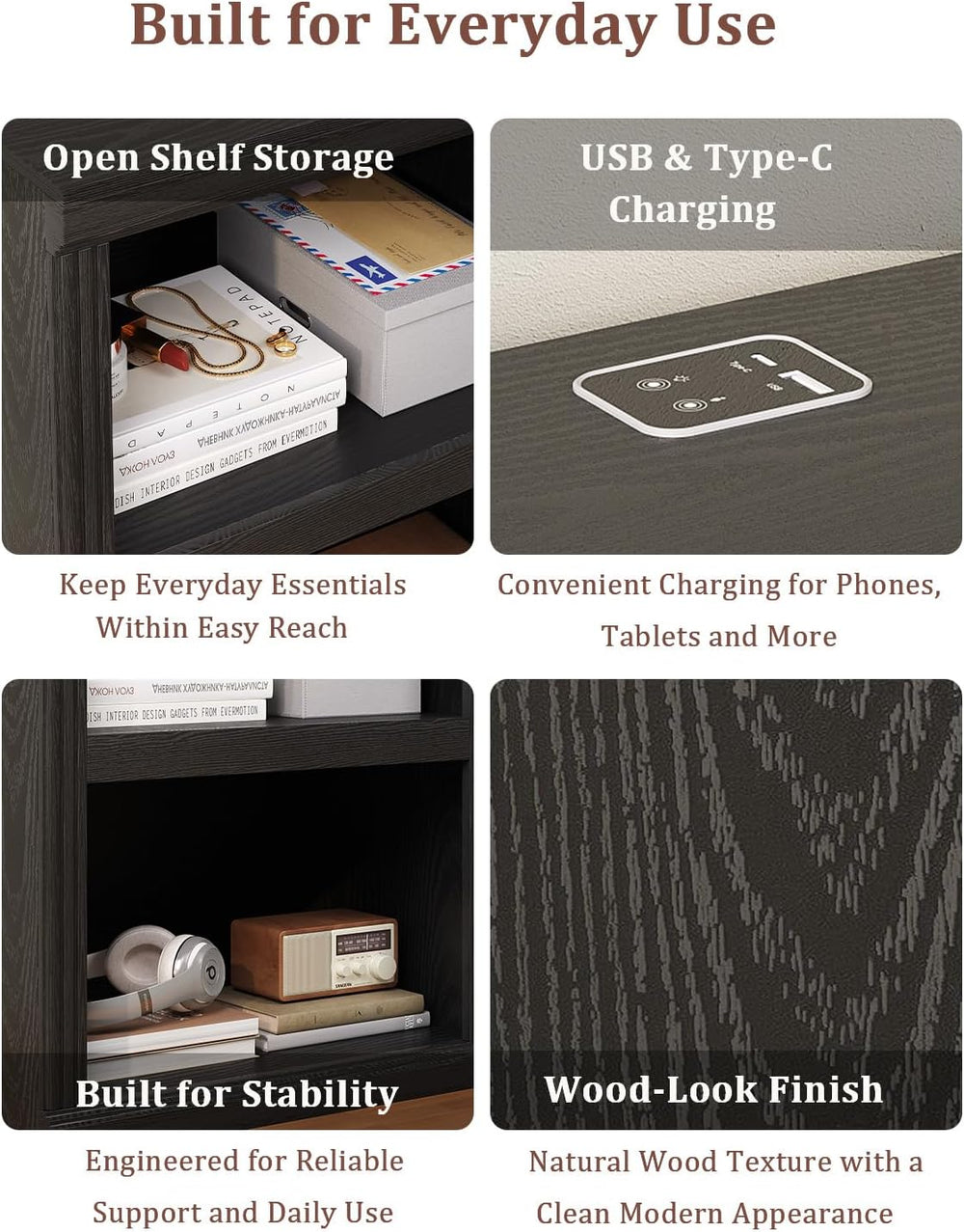 LED Nightstand with Charging Station, 2-Tier Bookcase, Black