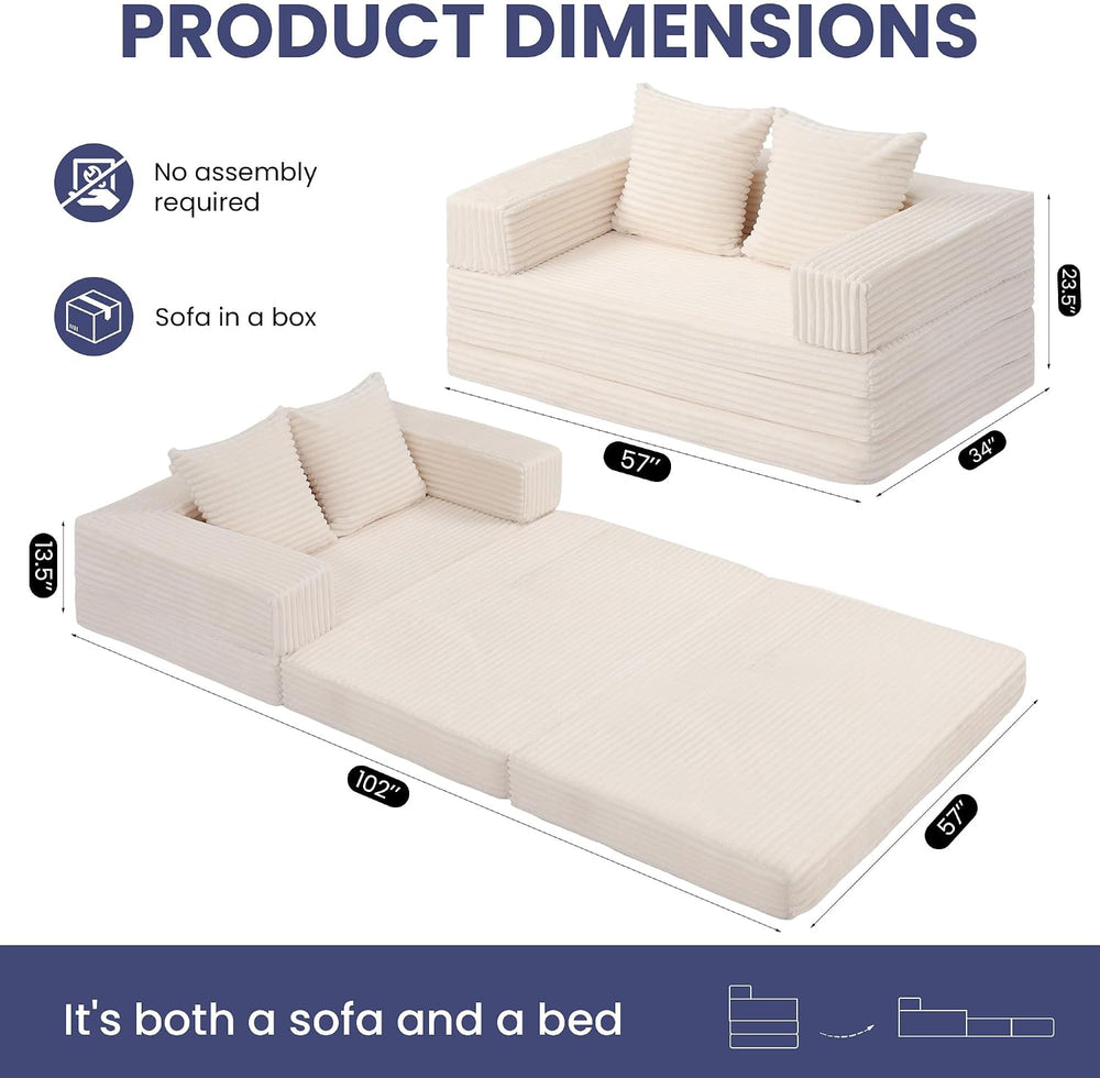 Convertible Sofa Bed, 4-in-1 Boneless Loveseat with Removable Armrests Backre...