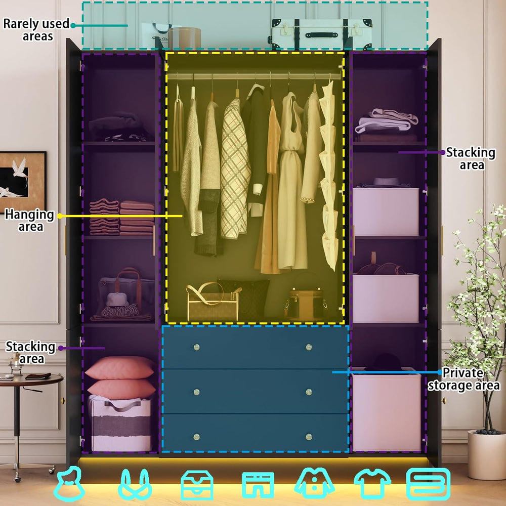 4 Doors LED Armoire Wardrobe Closet with Mirror, 75" Tall Modern Wooden ...
