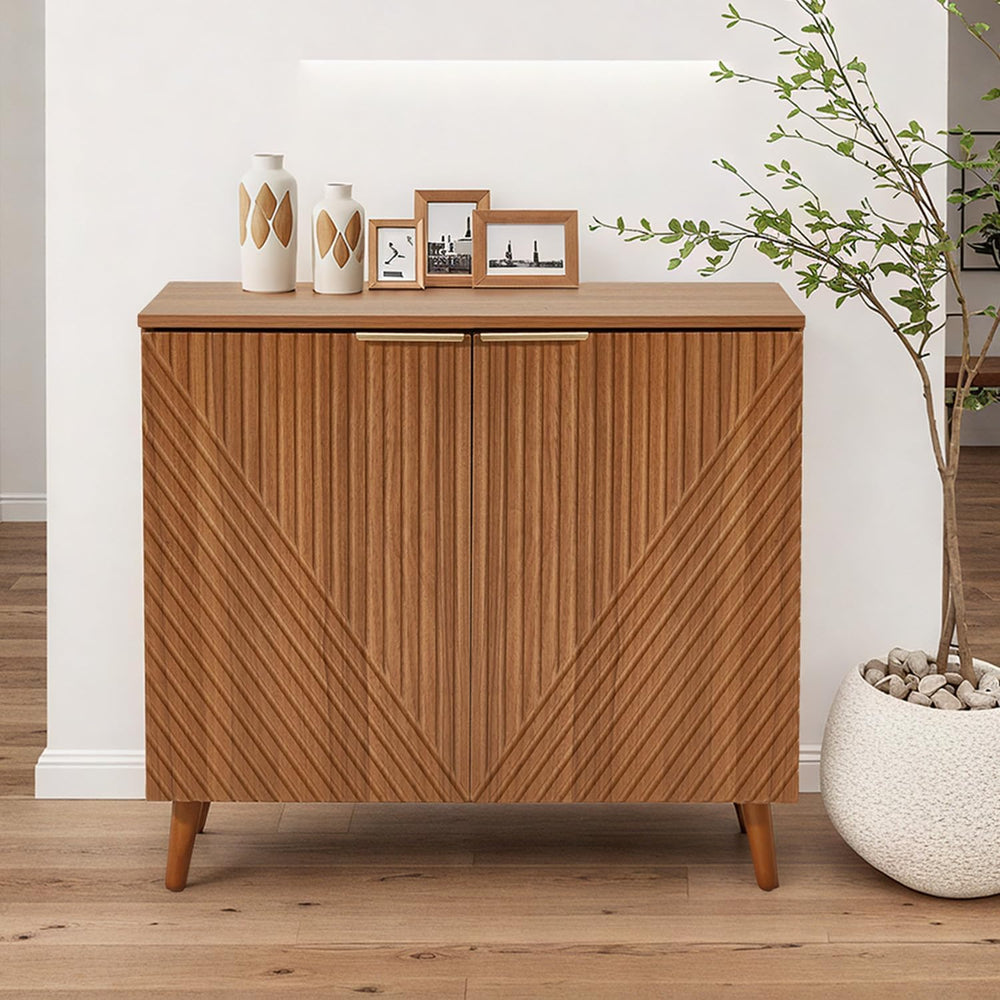 Fluted Brown Wood Sideboard Buffet Storage Cabinet with Doors