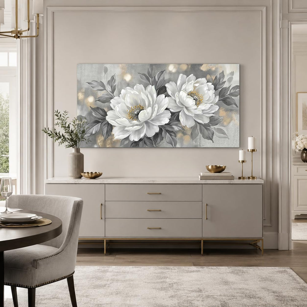 Anolyfi White Peony Neutral Floral Canvas Wall Art for Bedroom 40"x20"