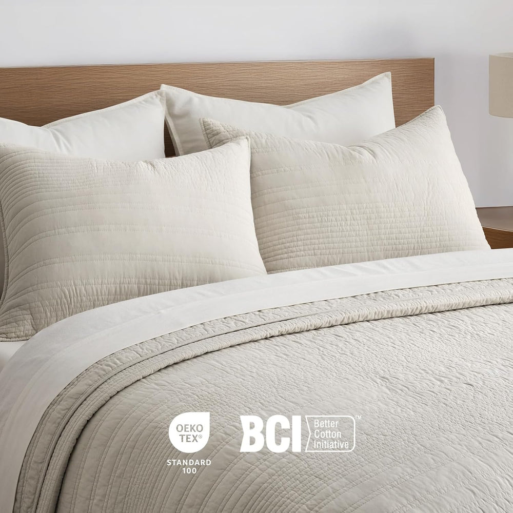 EVERGRACEHOME 100% Cotton Modern Lines Quilt Set Queen Size, Birch