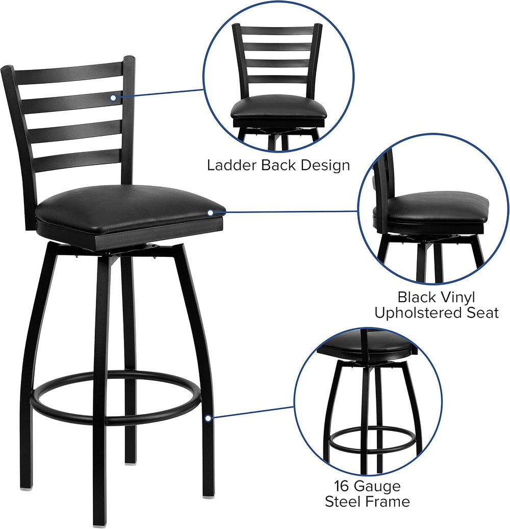 EMMA + OLIVER Black Ladder Back Swivel Metal Barstool, 2-Pack