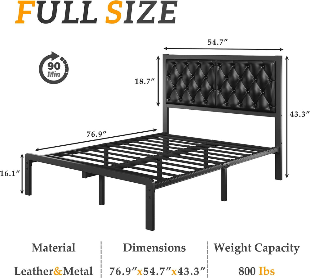 HISOFT Full Bed Frame with Upholstered Button Tufted Headboard, Bed Frame Pla...