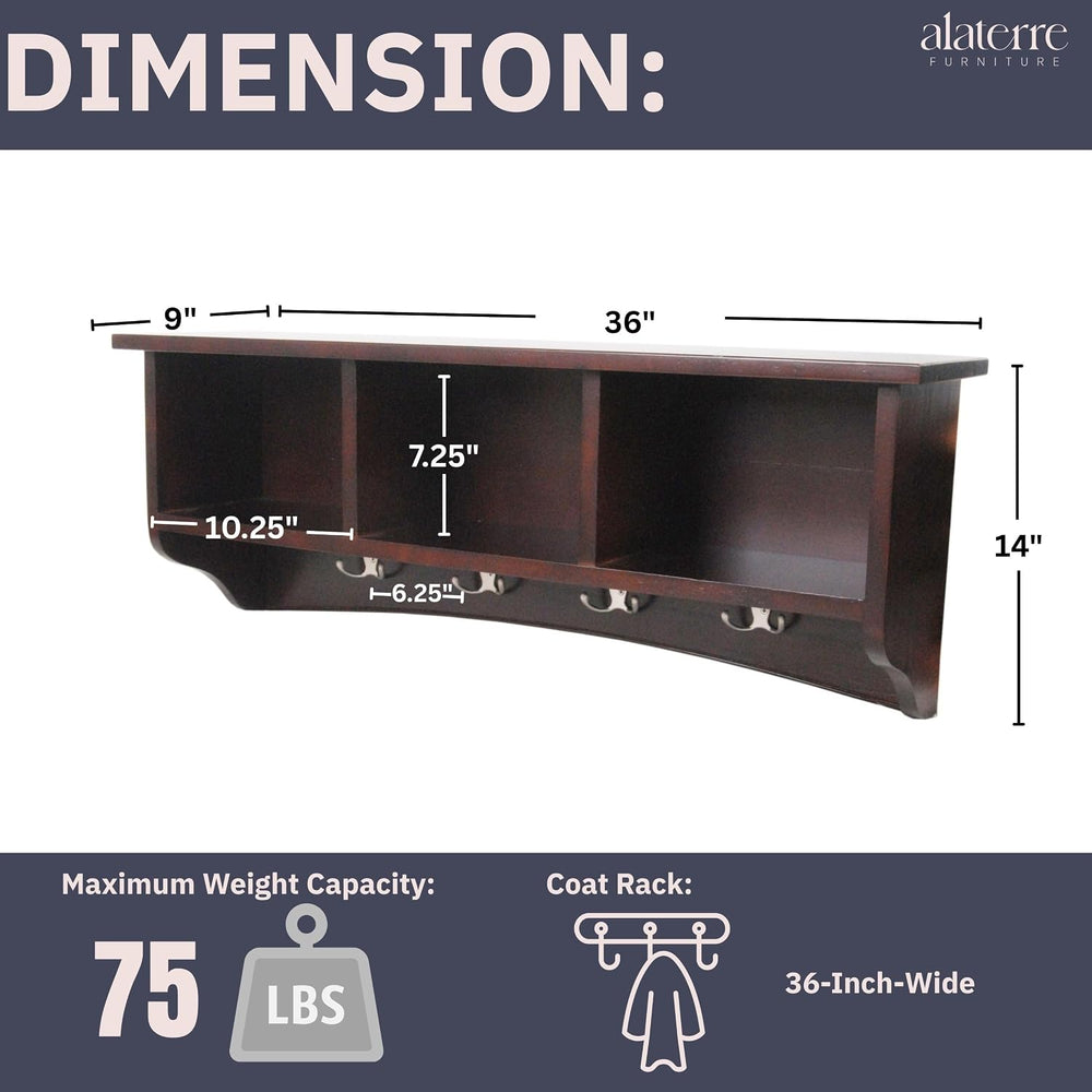 Alaterre Shaker Cottage Wall-Mounted Coat Rack with Cubbies, Espresso, 36”