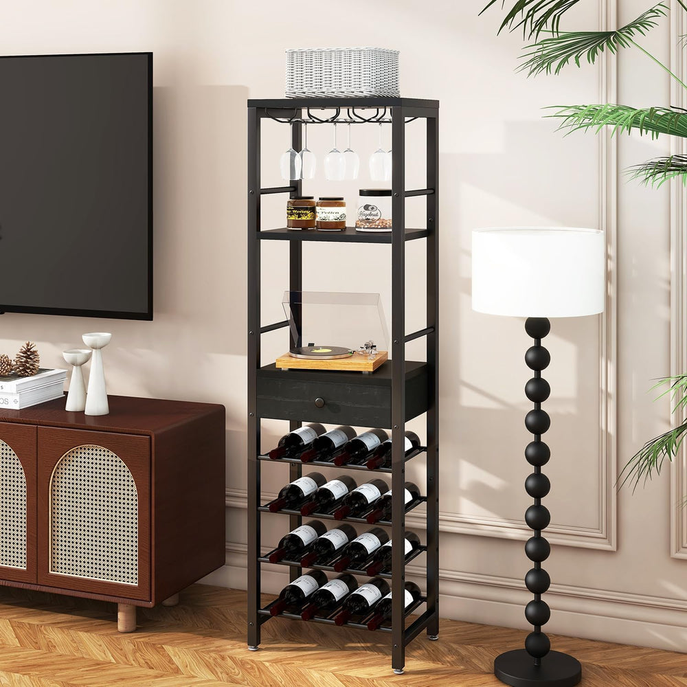 IBUYKE Wine Rack Freestanding Floor with Glass Holder,Black TMJ905B