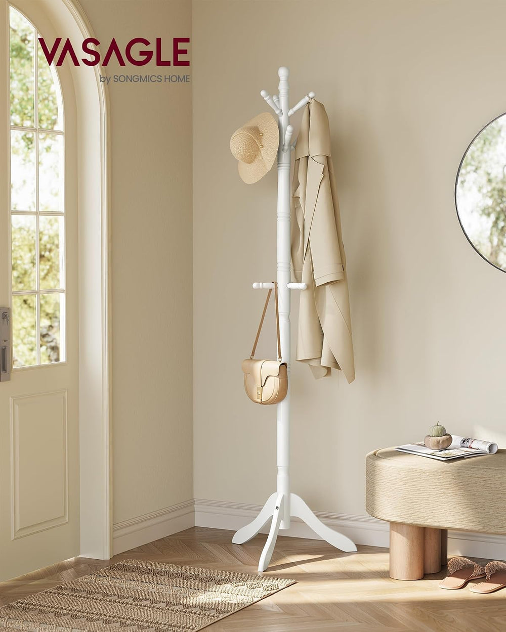 VASAGLE Freestanding Coat Rack, Rubber Wood Coat Tree with 9 Hooks