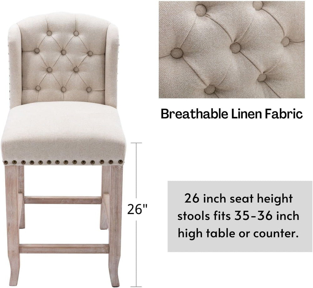 LukeAlon 26" Tufted Wingback Linen Counter Stools Set of 4, Beige