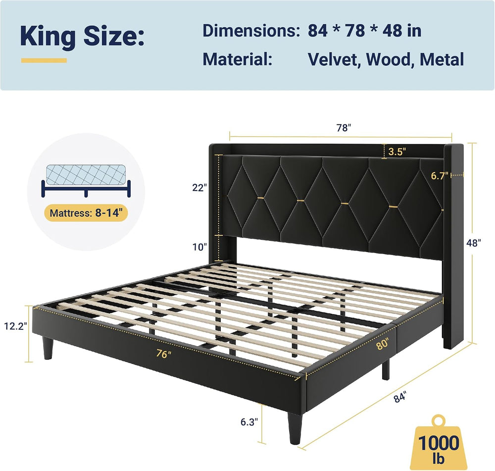 Allewie King Size Bed Frame with Storage Headboard & Smart Charging Station