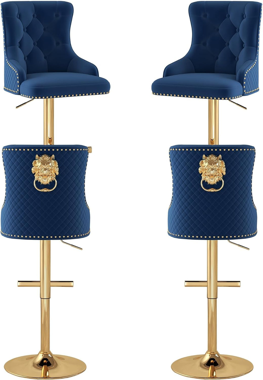 Velvet Bar Stools Set of 4, Adjustable Height, Gold Metal Base, Blue