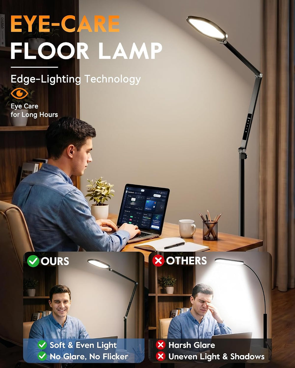 LitONES Eye-Care LED Floor Lamps, Remote, 69" Standing Read Lamp, 30 Modes