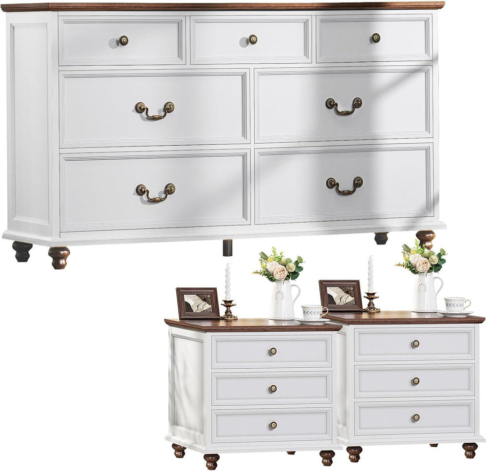 Joaxswe Farmhouse Dresser and Nightstand Sets 3 Piece, Nightstands Set of 2 a...