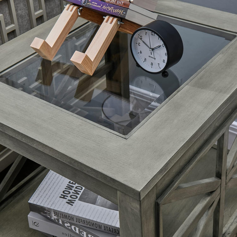 Large Solid Wood End Table with Tempered Glass Top, Antique Gray