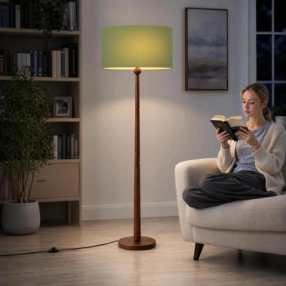 Buruis 65 Inch Single Ball Walnut Wood Floor Lamp with Linen Shade, Green