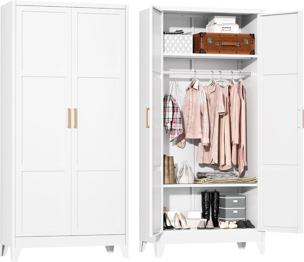 Superday Metal Wardrobe Closet, 72" H Bedroom Armoires with Wooden Handl...