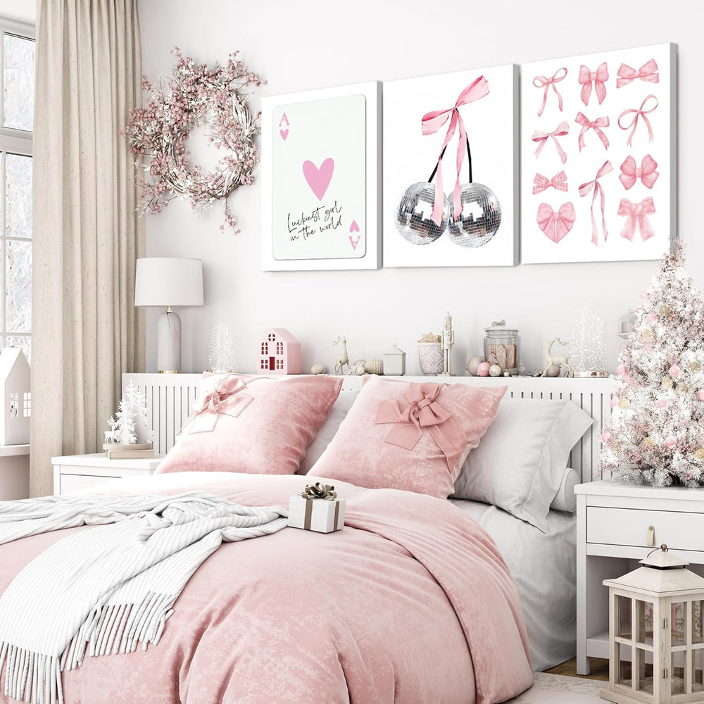 Pink Bows Wall Art Set of 3, Preppy Coquette Wall Decor, Trendy Disco Ball an...