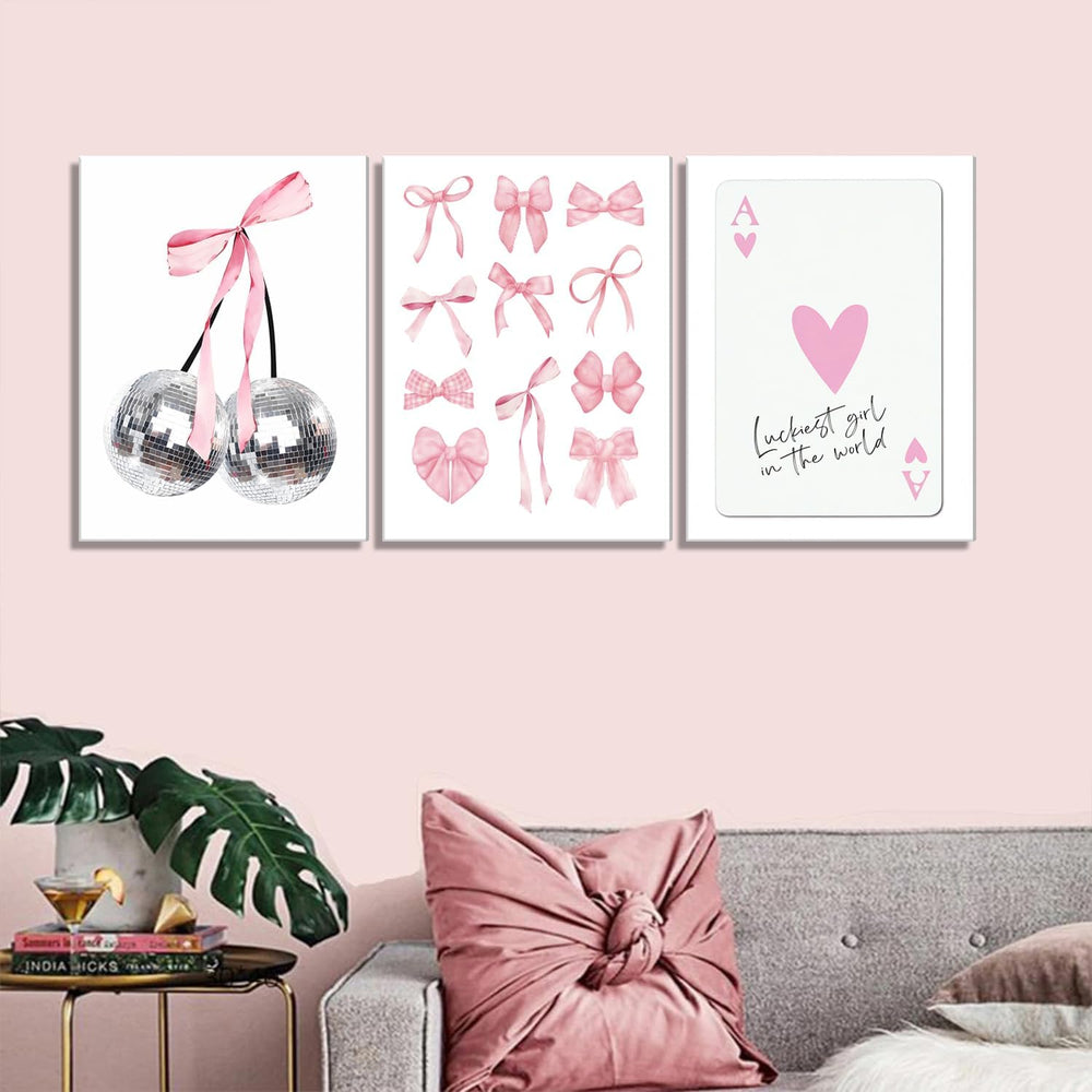 Pink Bows Wall Art Set of 3, Preppy Coquette Wall Decor, Trendy Disco Ball an...