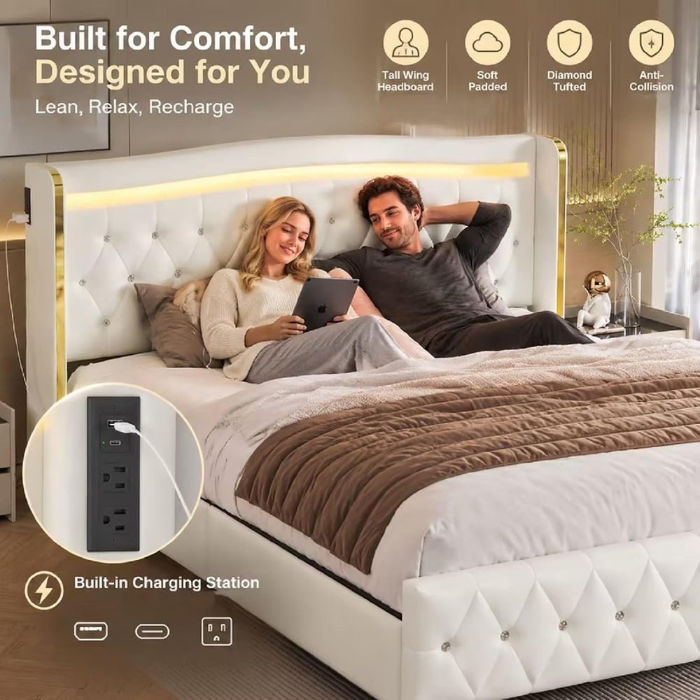 Queen Size Bed Frame, Headboard, 4 Storage Drawers, LED Lights, White