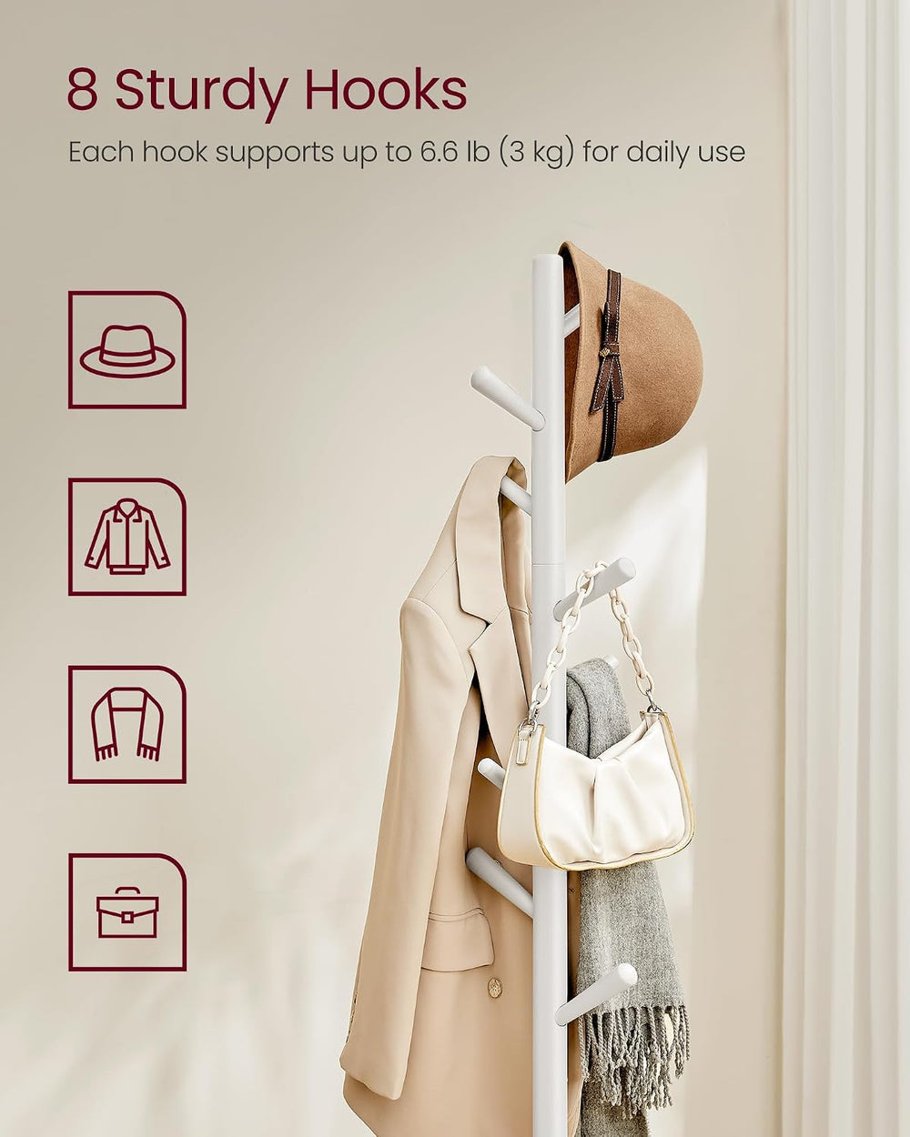 VASAGLE Solid Wood Coat Rack, Free Standing, 8 Hooks, 3 Height Options