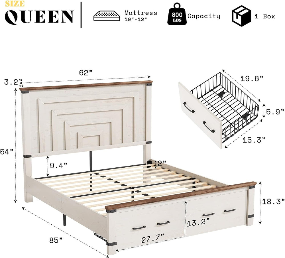 AMERLIFE 5-Piece Farmhouse Bedroom Set, Rustic Wood Queen Bed Frame with 54&q...