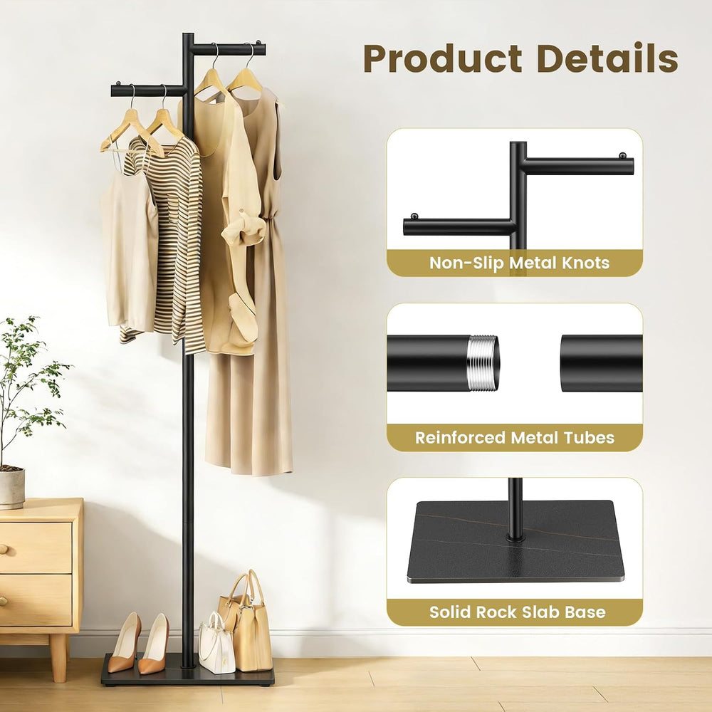 Metal Freestanding Coat Rack, 68.9"H Z-Shaped Coat Tree with Natural Roc...