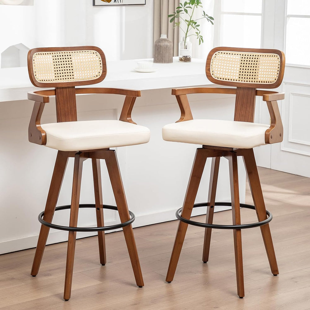 Mid Century Bar Stools, 27 inch Rattan Swivel Counter Stools with Back