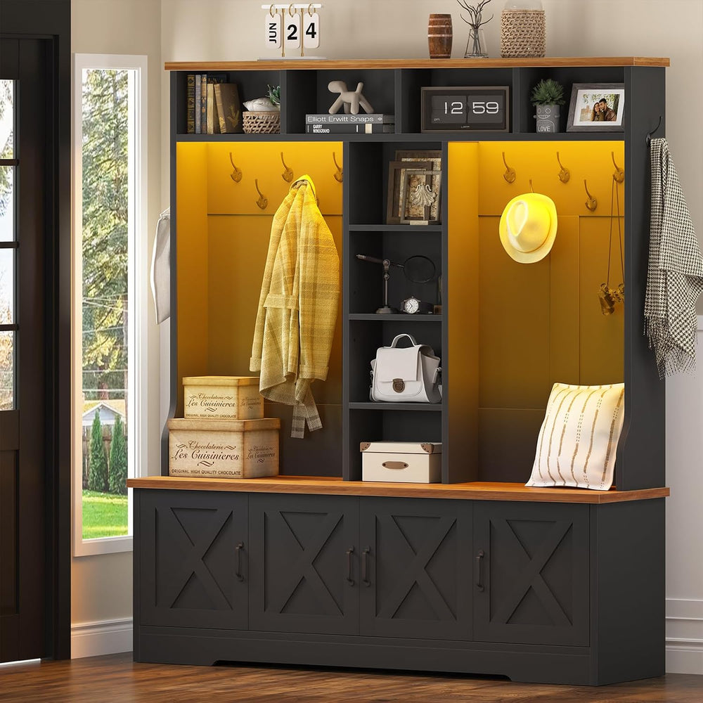 Black Hall Tree with Bench and Shoe Storage, Entryway Bench with Coat Racks