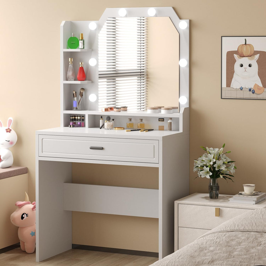 Makeup Vanity with Mirror with Lights for Girls White Lighted Vanity Desk Small Makeup Vanity Table Set with Storage Drawers 3 Lighting Modes & Adjustable Brightness