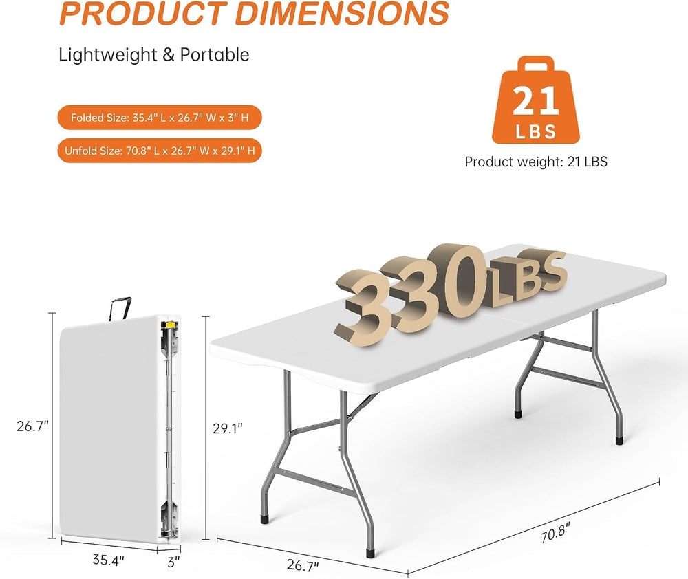 VSOAEIL 6 Foot Folding Table, 6 FT Foldable Plastic Table Heavy Duty HDPE